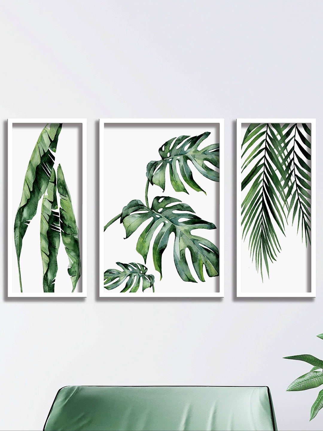 

SAF White & Green 3 Pieces Tropical Leaves Printed UV Coating Wall Art