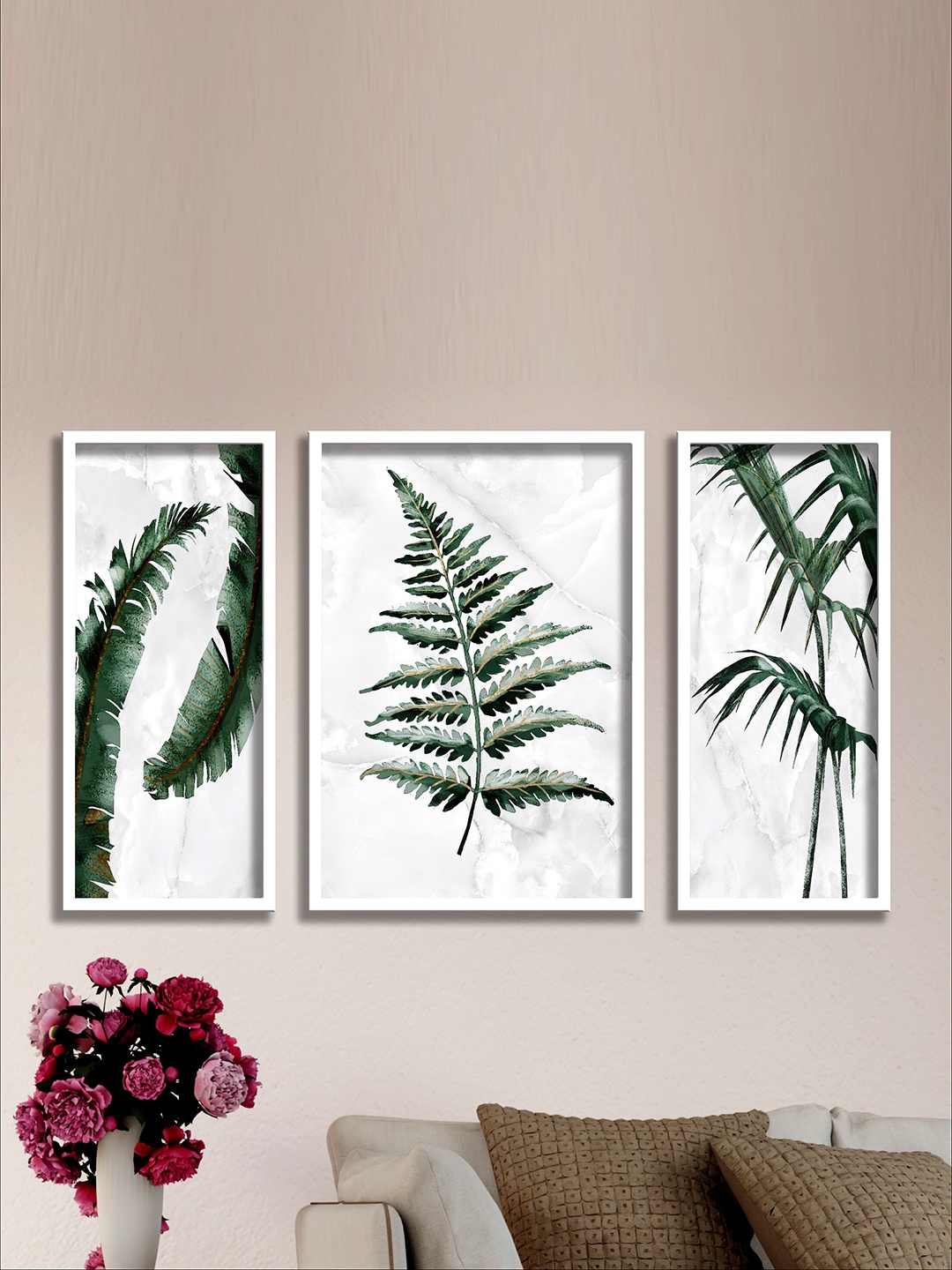 

SAF Green & White 3 Pieces Tropical Leaves UV Coated Framed Wall Art