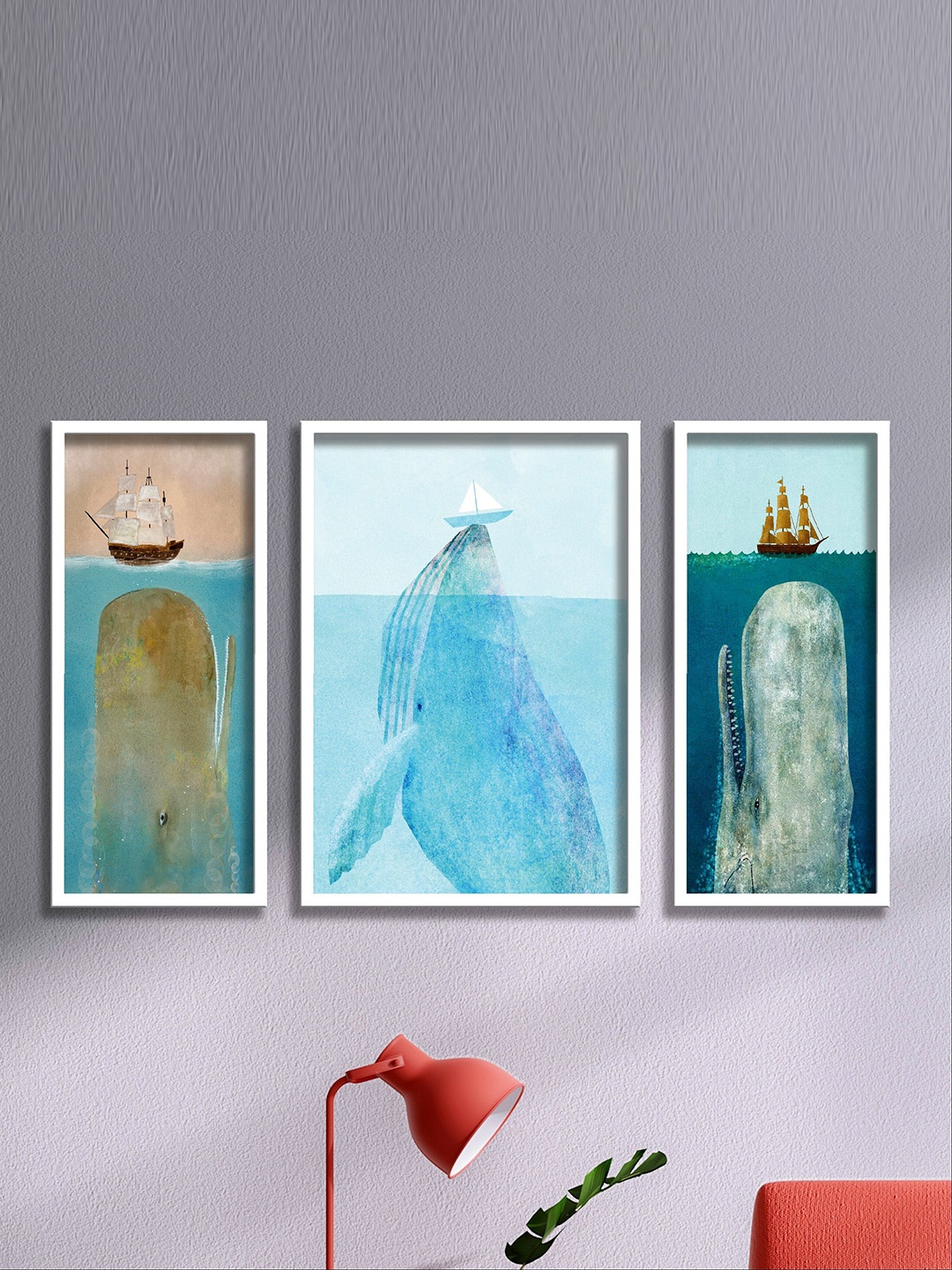 

SAF Blue & Peach 3 Pieces Boat And Whale UV Coated Wall Art