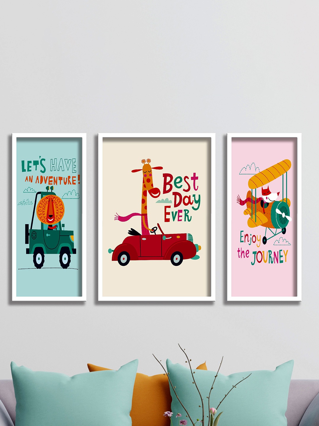 

SAF Kids Room Pink & White 3 Pieces Cartoon Painting Framed Wall Art
