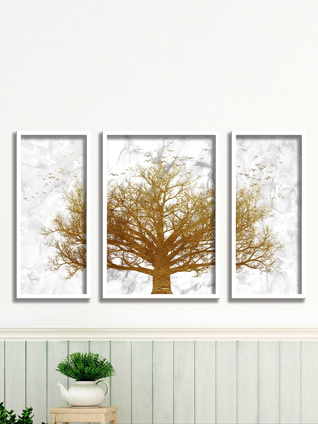 

SAF Green & White 3 Pieces Golden Tree Painting Framed Wall Art