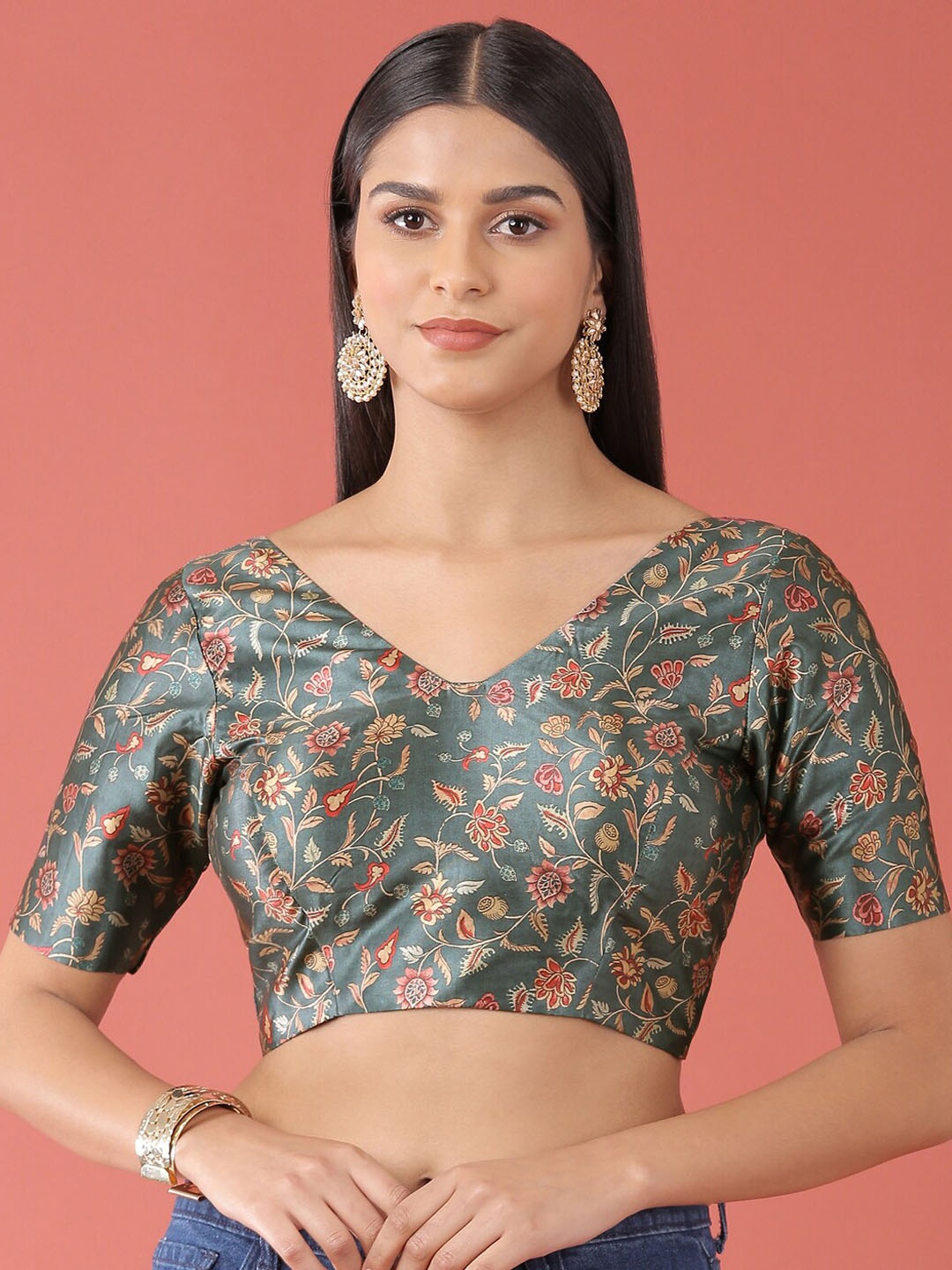 

panchhi Printed V-Neck Padded Saree Blouse, Green