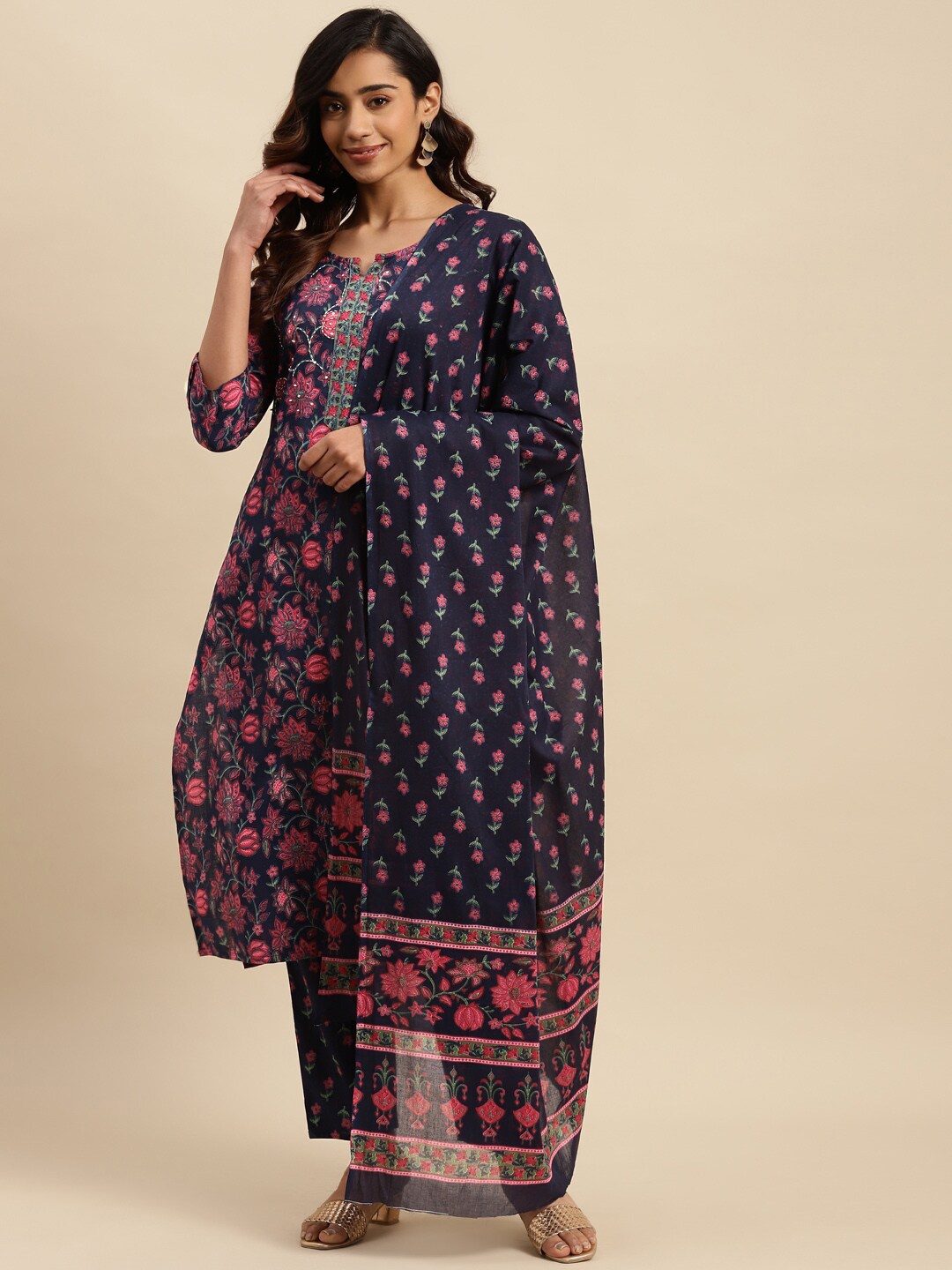 

Sangria Navy Blue Floral Printed Beads and Stones Pure Cotton Kurta With Trouser & Dupatta