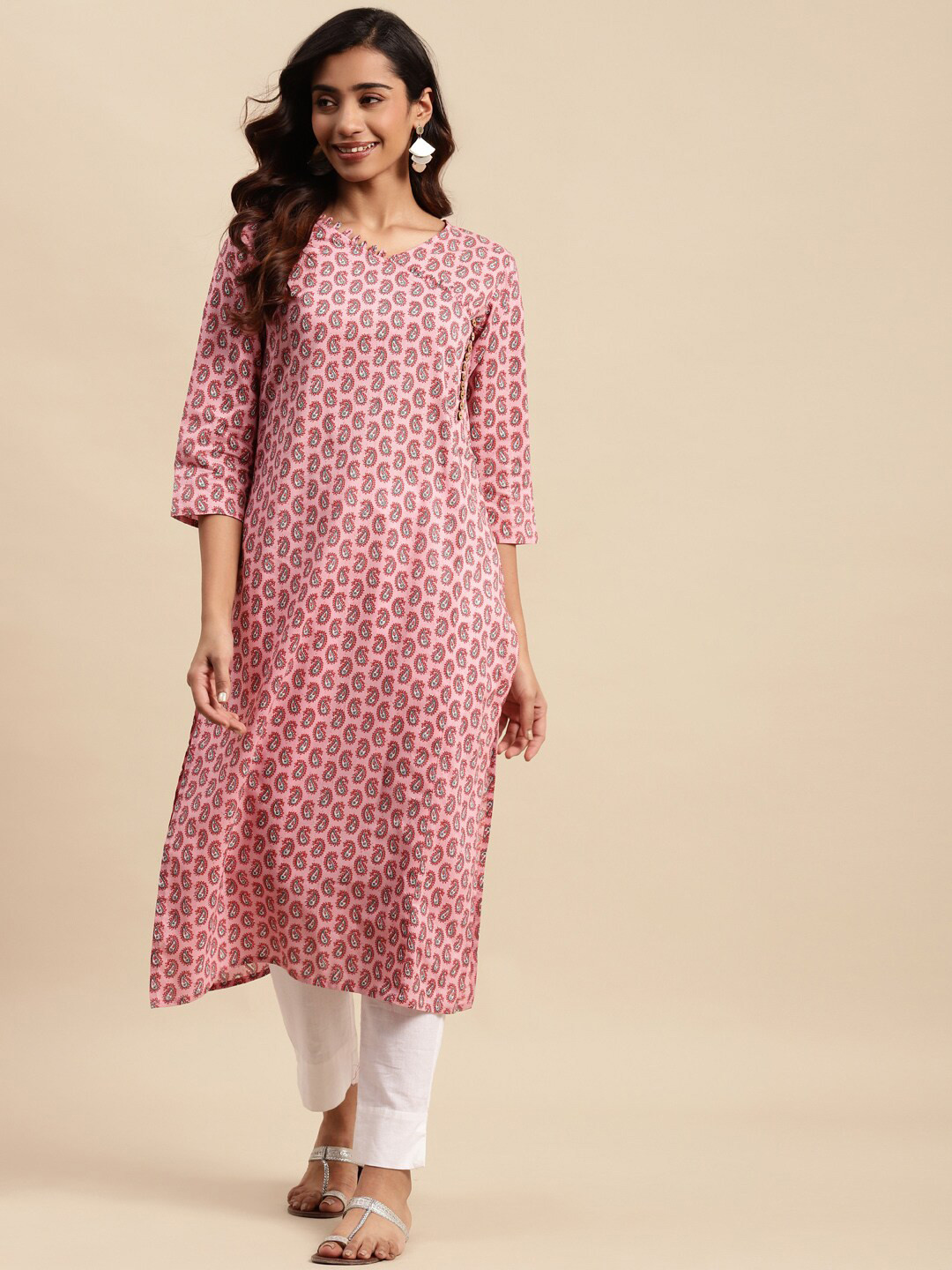 

Sangria Peach Paisley Printed Pure Cotton Angrakha Kurta