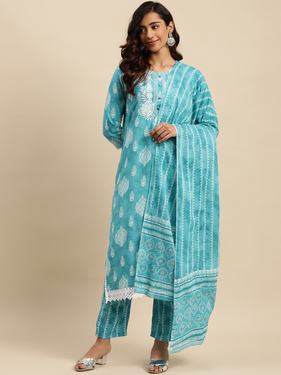 

Sangria Ethnic Motifs Print Thread Work Pure Cotton Straight Kurta With Trouser & Dupatta, Turquoise blue