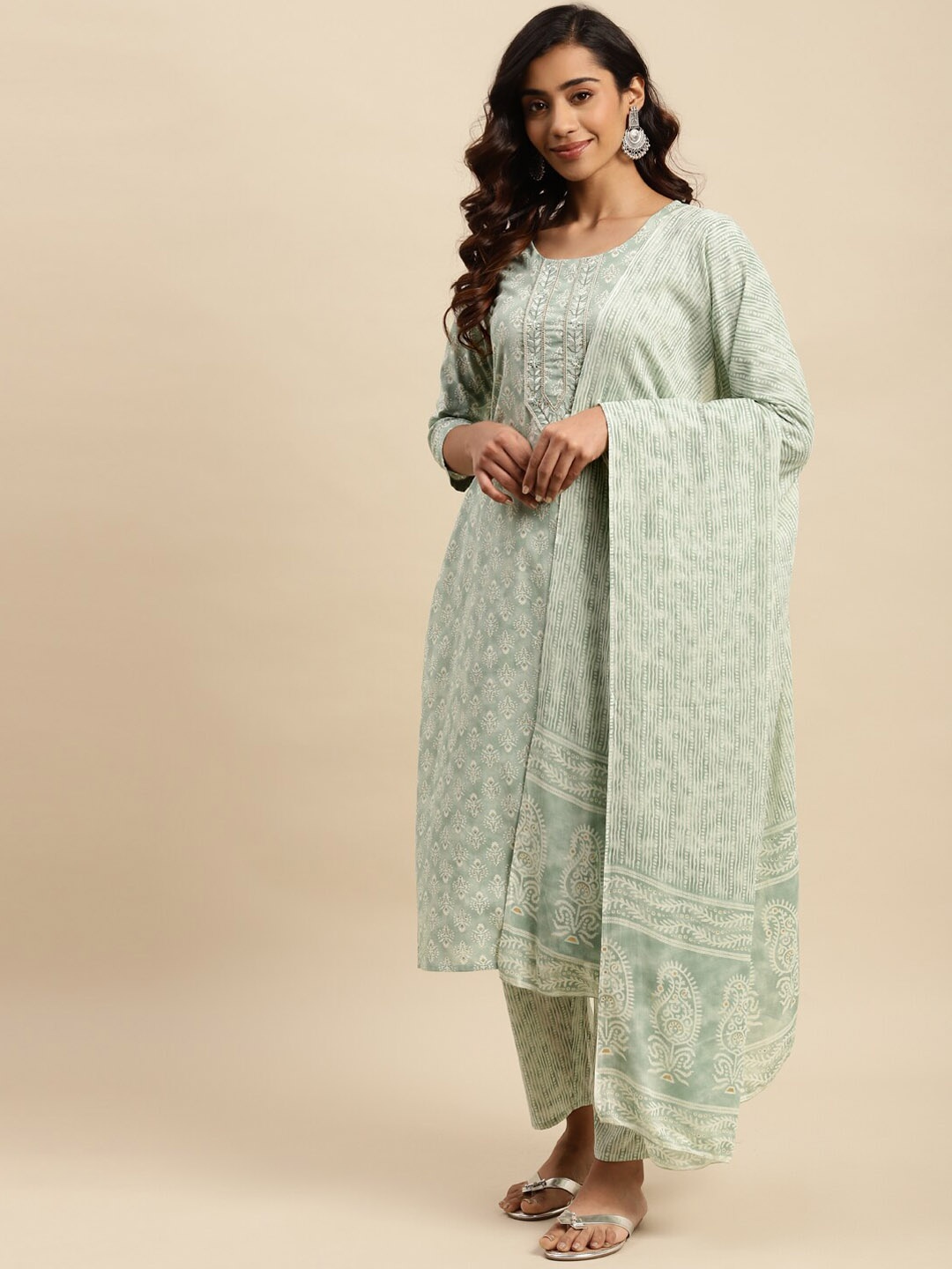 

Sangria Ethnic Motifs Printed Sequinned Pure Cotton Kurta With Trouser & Dupatta, Green