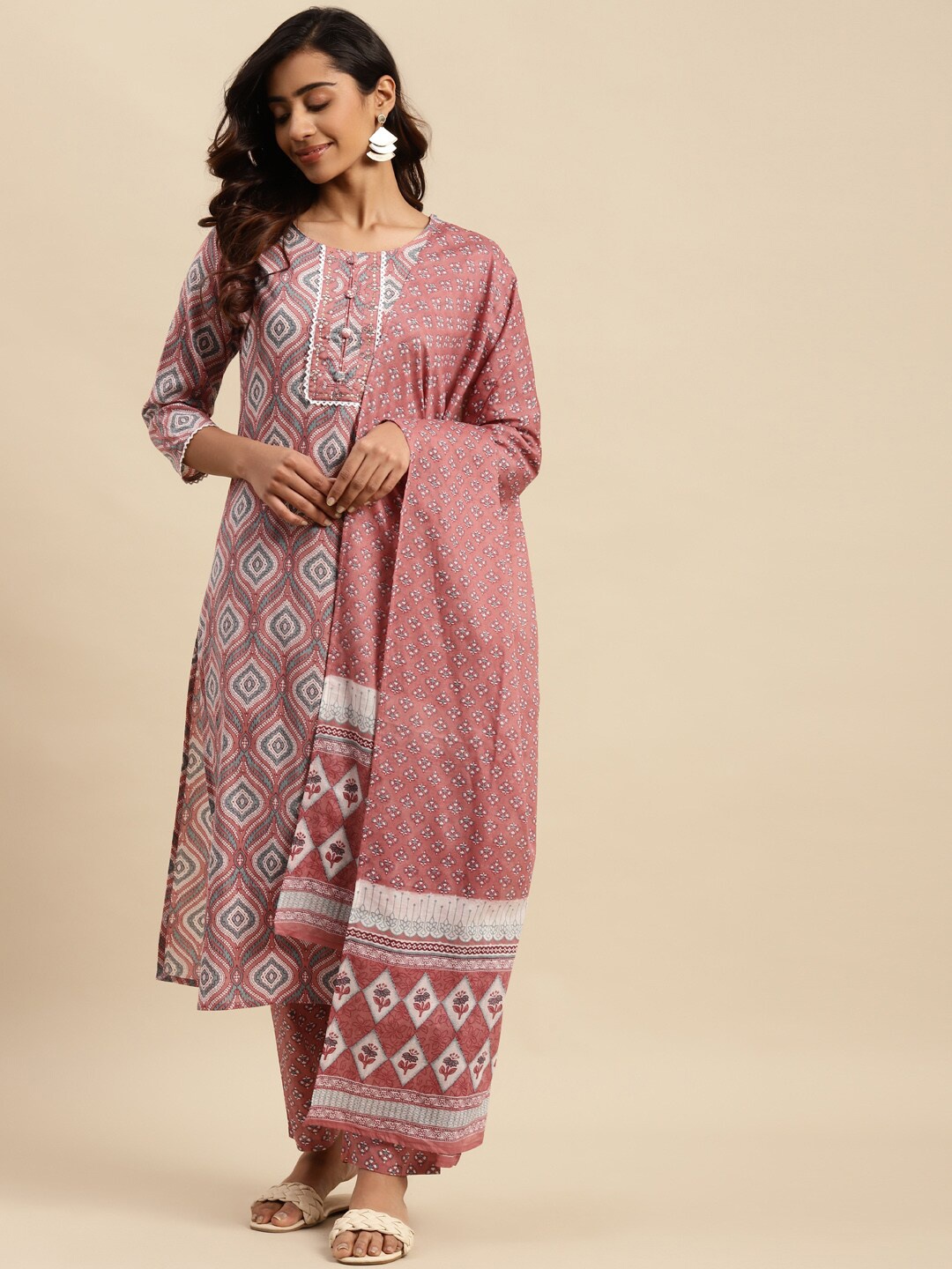 

Sangria Ethnic Motif-Printed Sequinned Pure-Cotton Straight Kurta With Trouser & Dupatta, Mauve