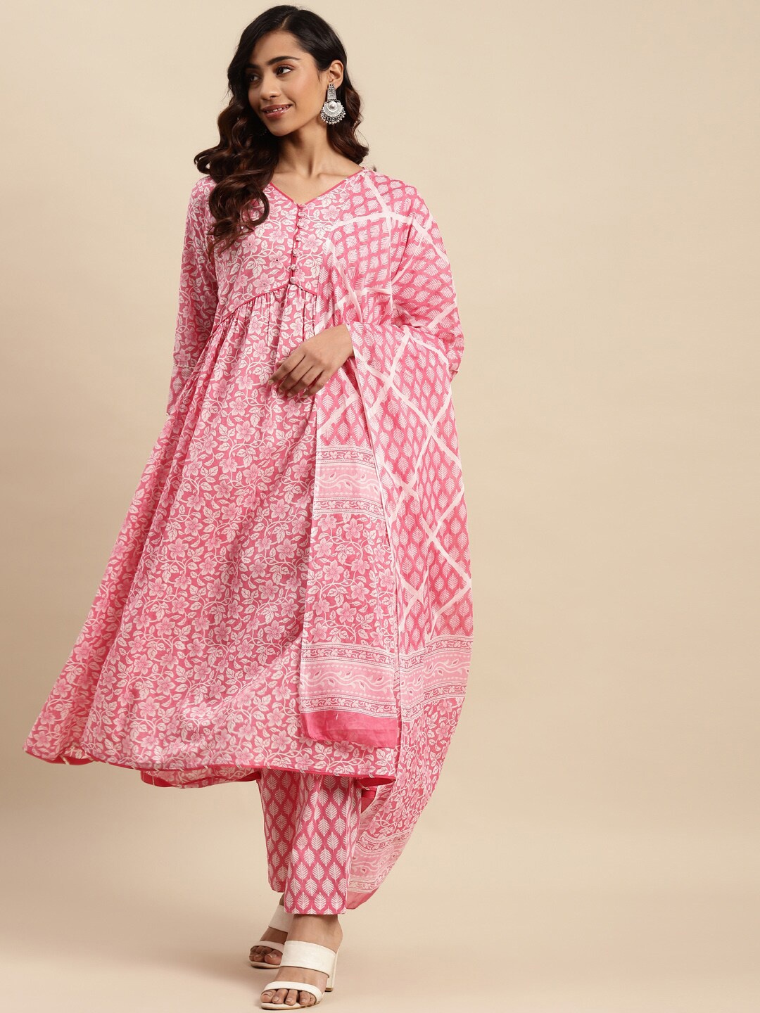 

Sangria Pink Floral Printed Sequinned Pure Cotton Kurta With Trouser & Dupatta