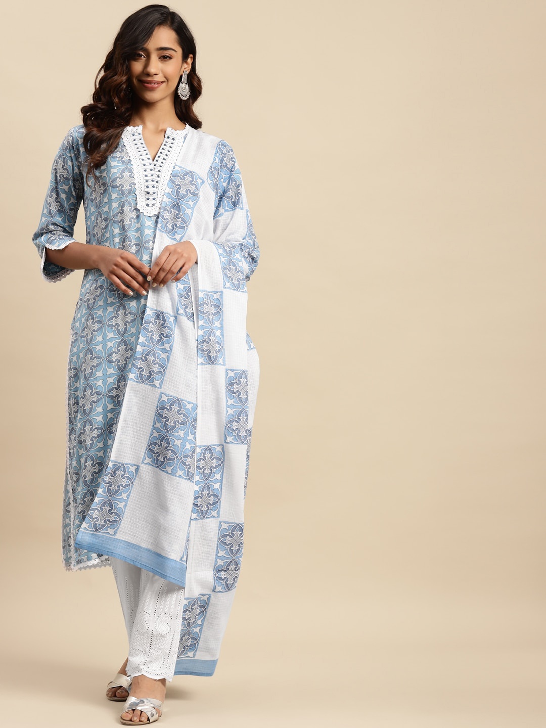 

Sangria Blue Ethnic Motif Printed Pure-Cotton Straight Kurta With Trouser & Dupatta