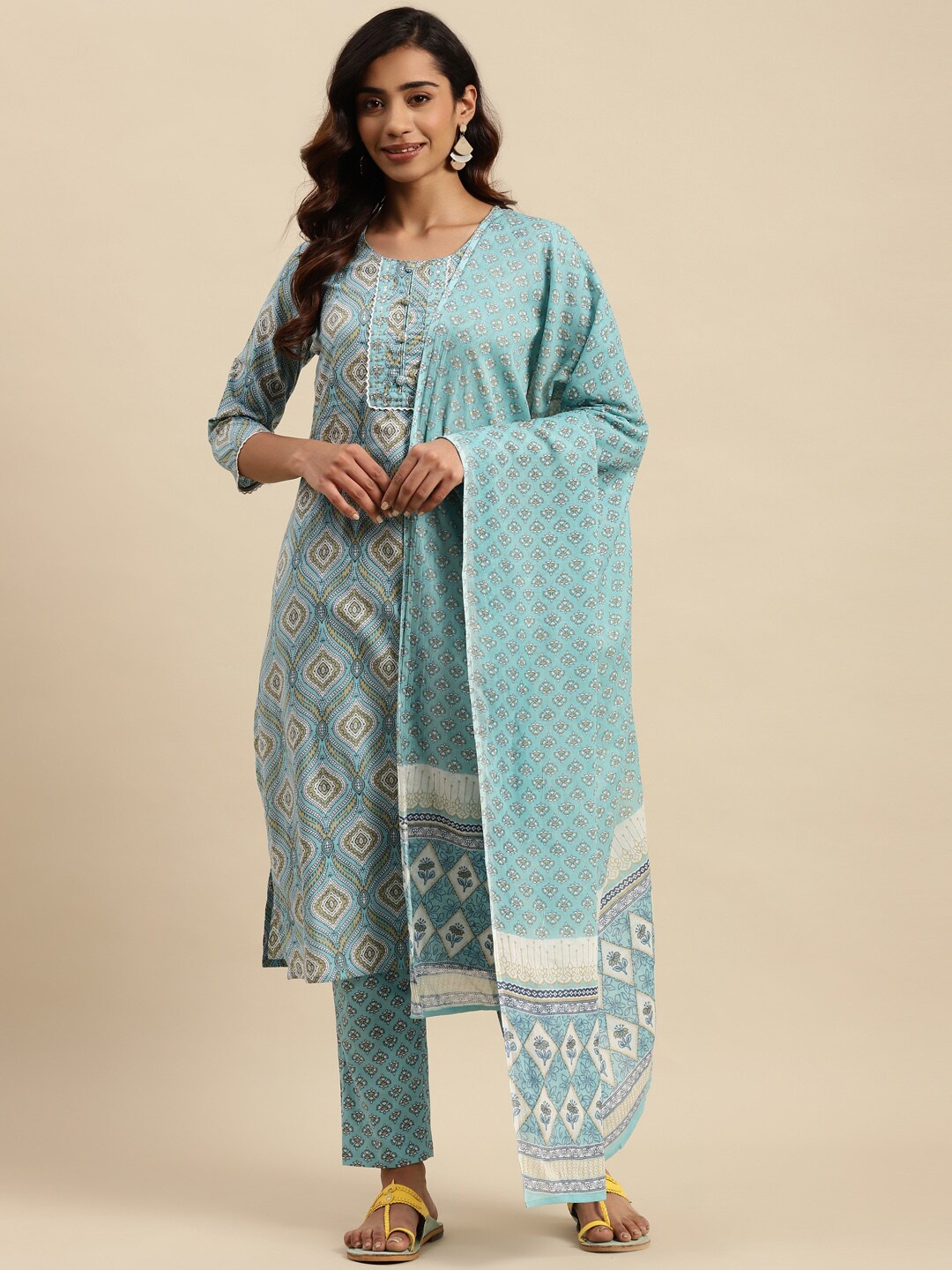 

Sangria Ethnic Motifs Printed Pure Cotton Straight Kurta With Trouser & Dupatta, Sea green