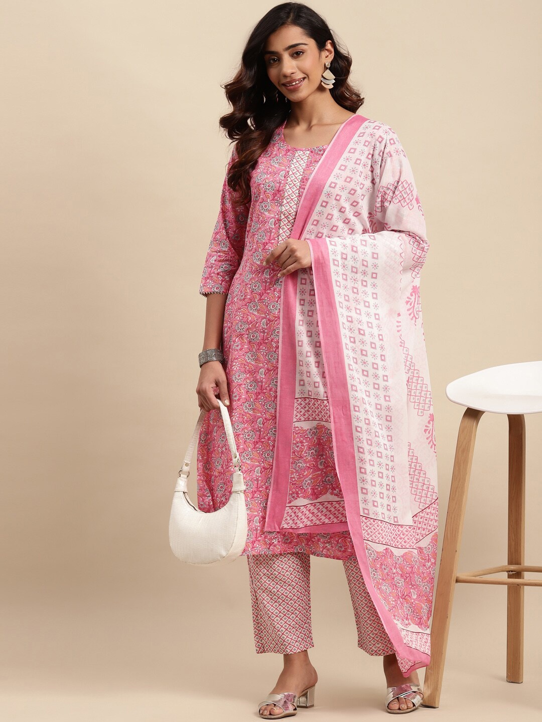 

Sangria Floral Printed Gotta Patti Pure-Cotton A-Line Kurta With Trouser & Dupatta, Pink