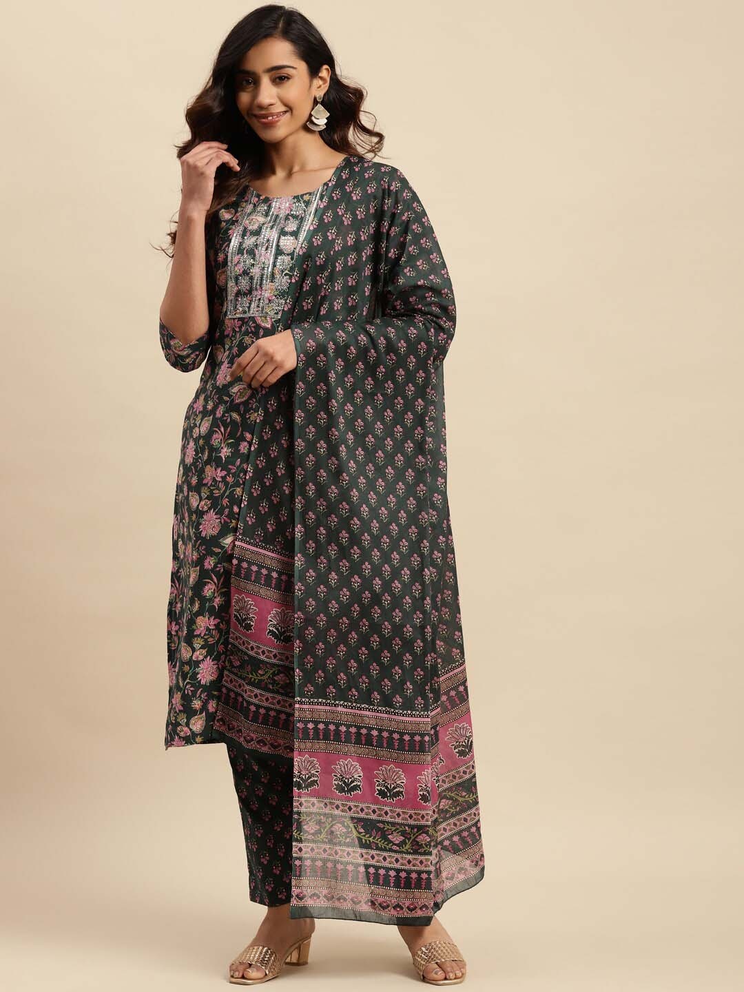 

Sangria Floral Printed Sequinned Pure-Cotton Straight Kurta With Trouser & Dupatta, Green