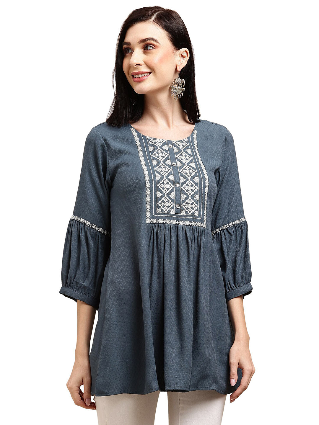 

KALINI Floral Embroidered A-Line Top, Grey