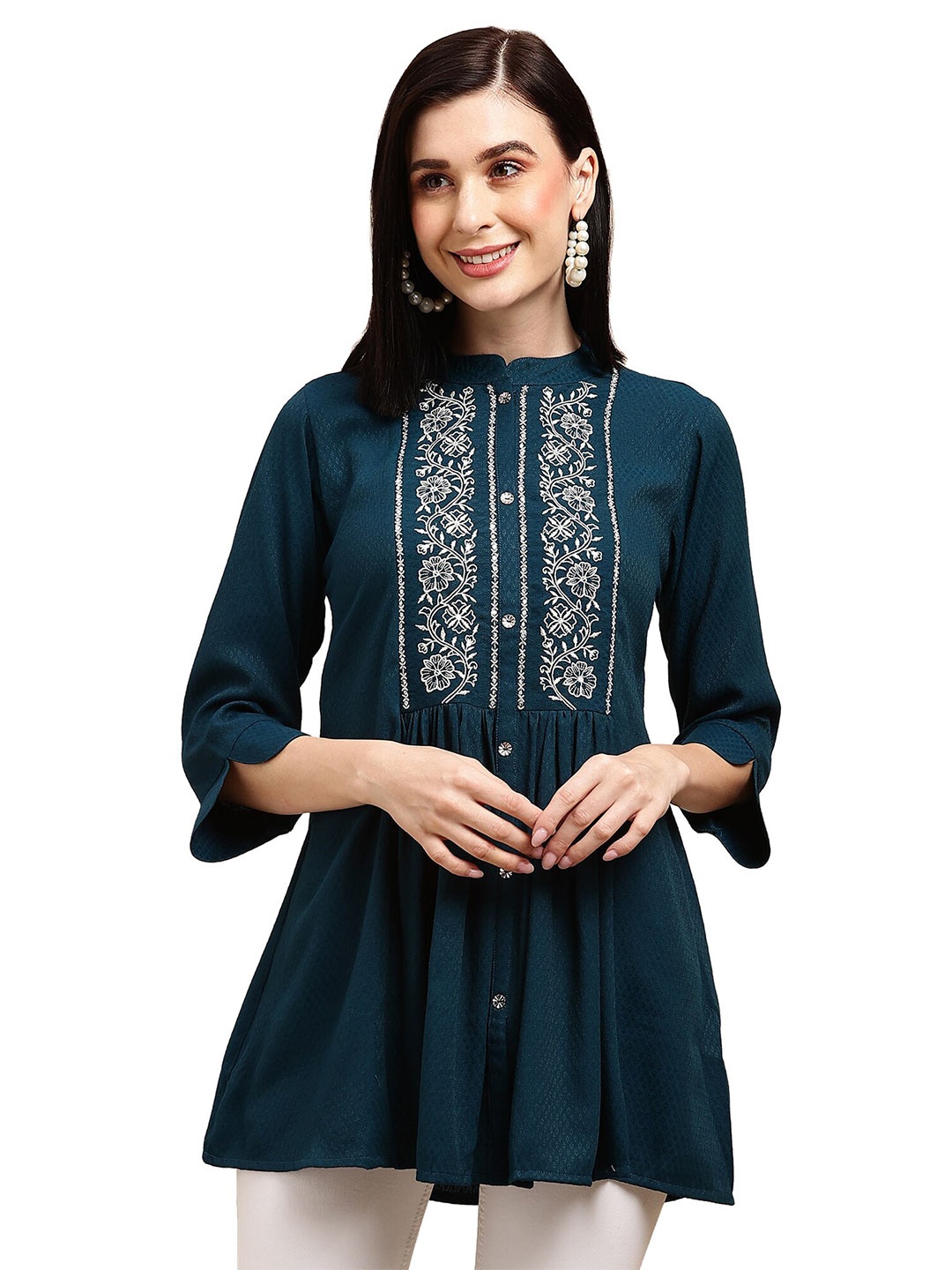

KALINI Floral Embroidered A-Line Top, Teal