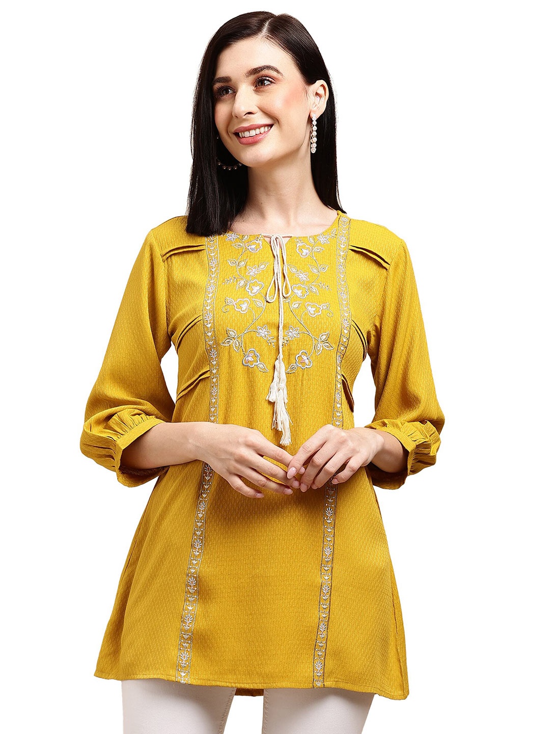 

KALINI Floral Embroidered A-Line Top, Mustard