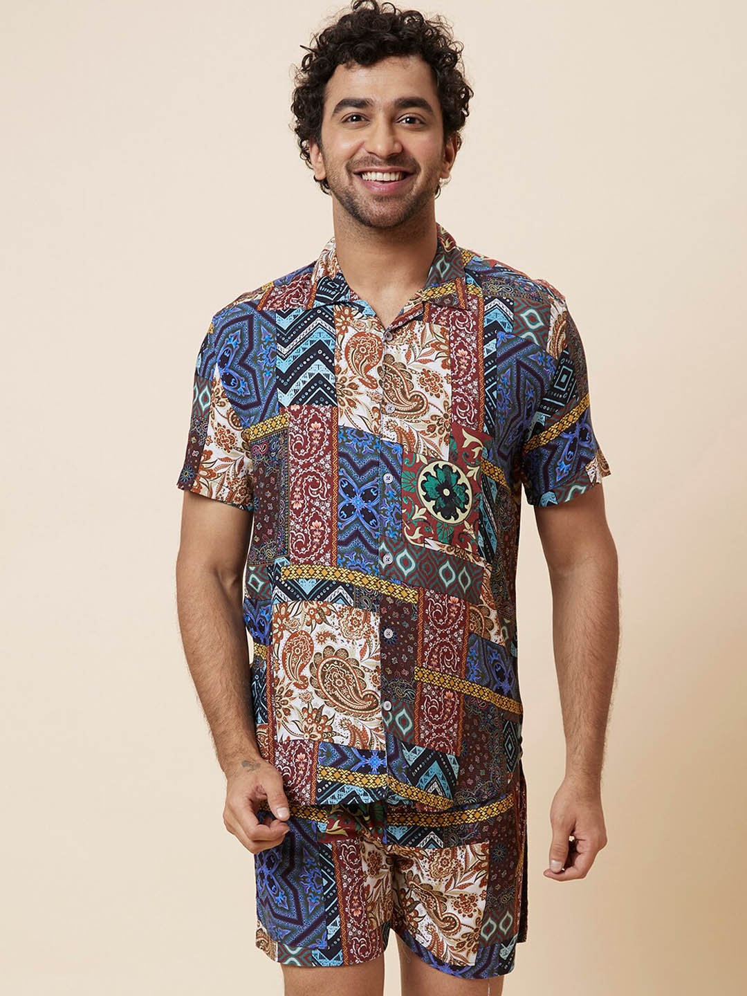 

Globus Men Printed Shirt With Short Co-Ords, Blue