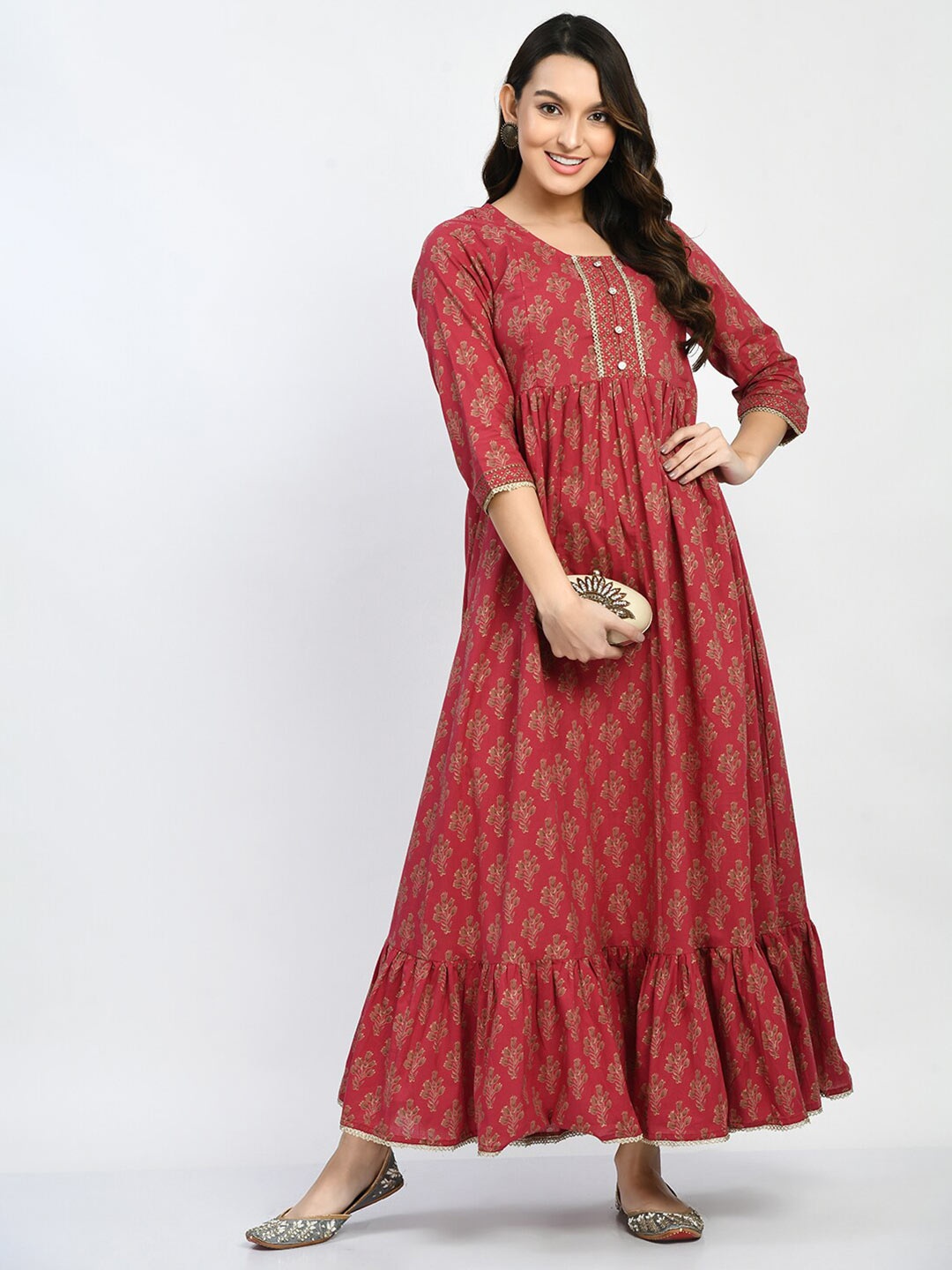 

KALINI Floral Printed Maternity Cotton Fit & Flare Maxi Ethnic Dress, Maroon