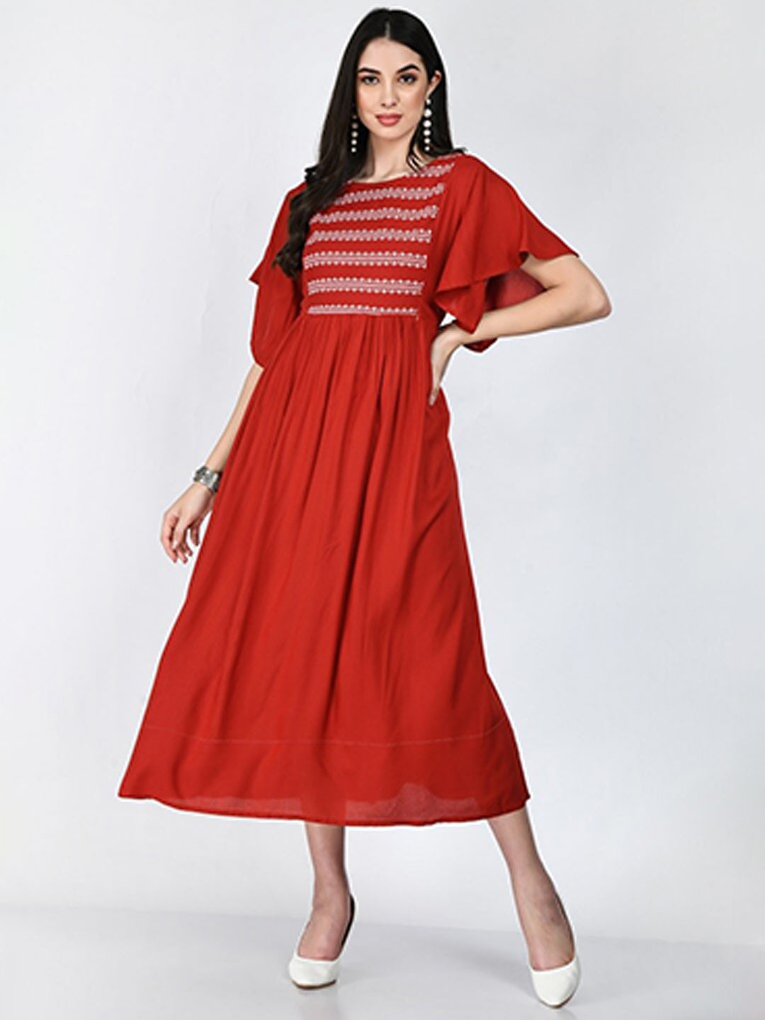 

KALINI Striped Flared Sleeves Maternity Fit & Flare Midi Dress, Maroon