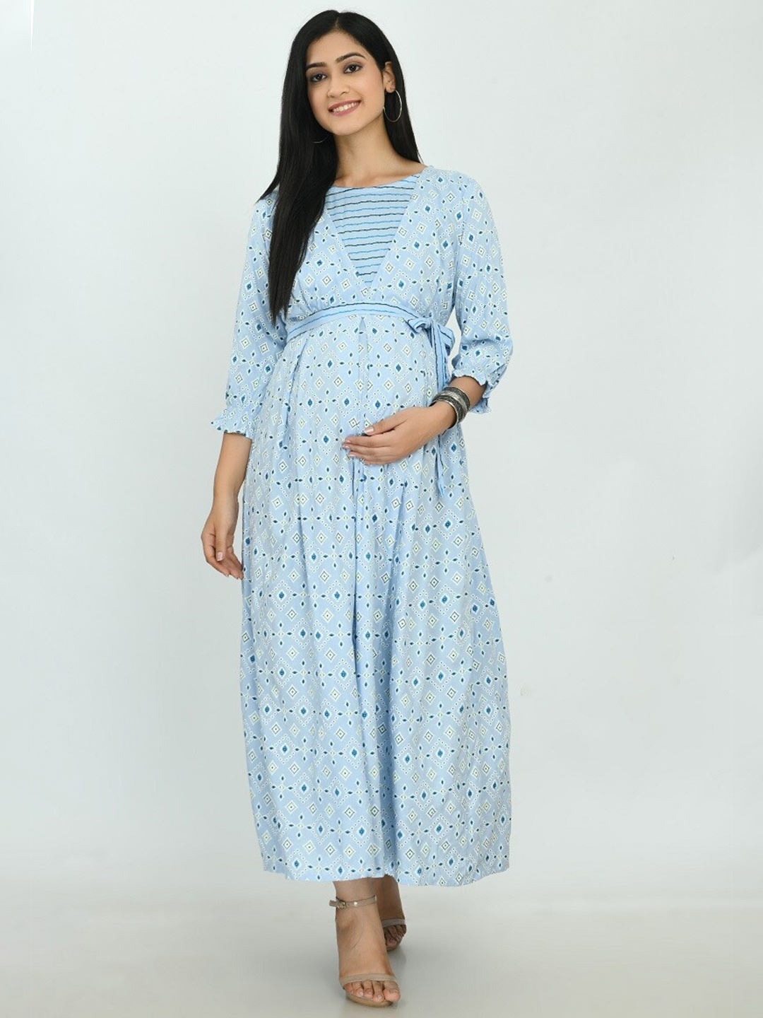 

KALINI Geometric Printed Maternity Fit & Flare Maxi Dress, Turquoise blue