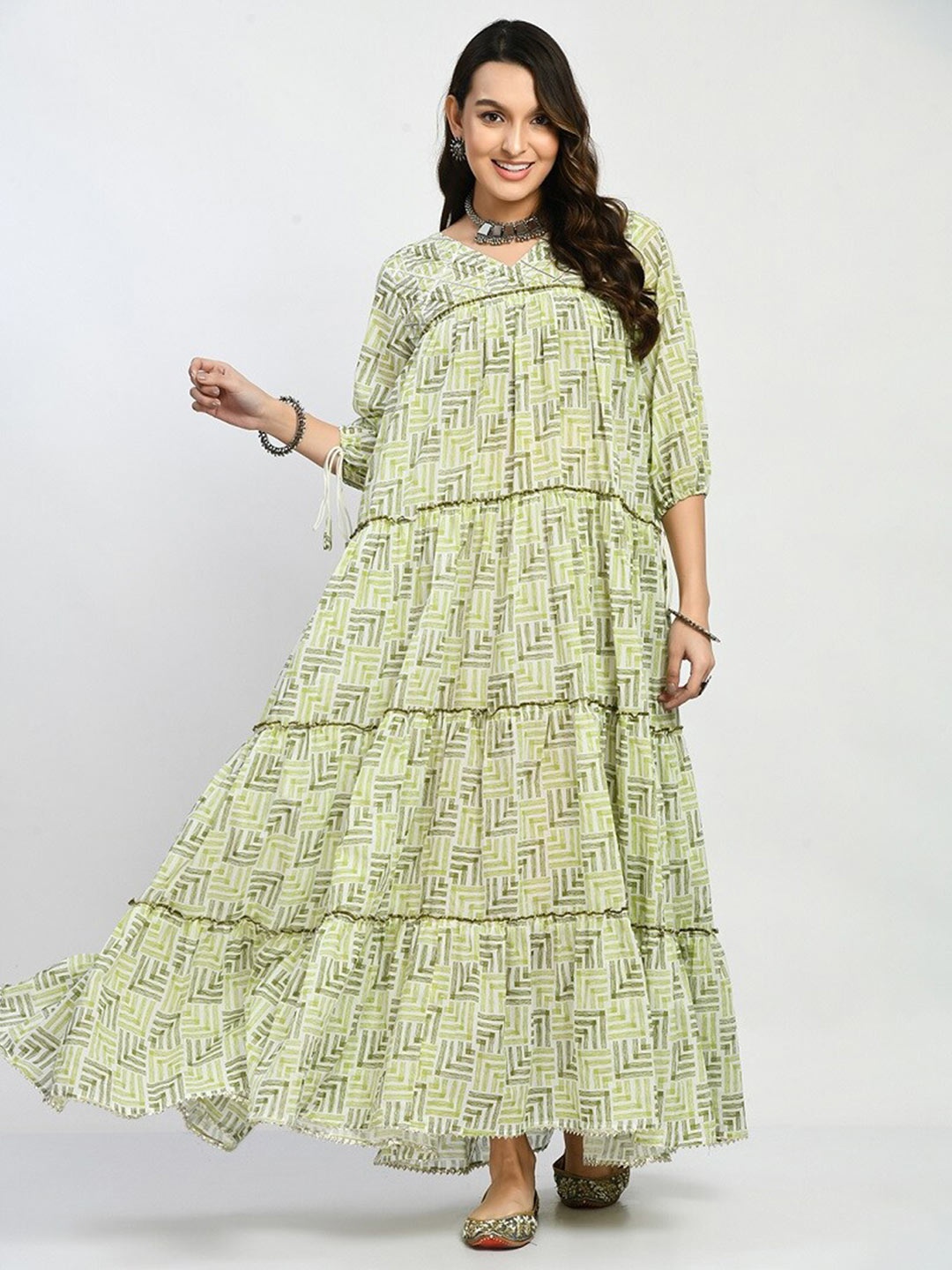 

KALINI Geometric Printed Tiered Cotton A-Line Maxi Ethnic Dress, Green