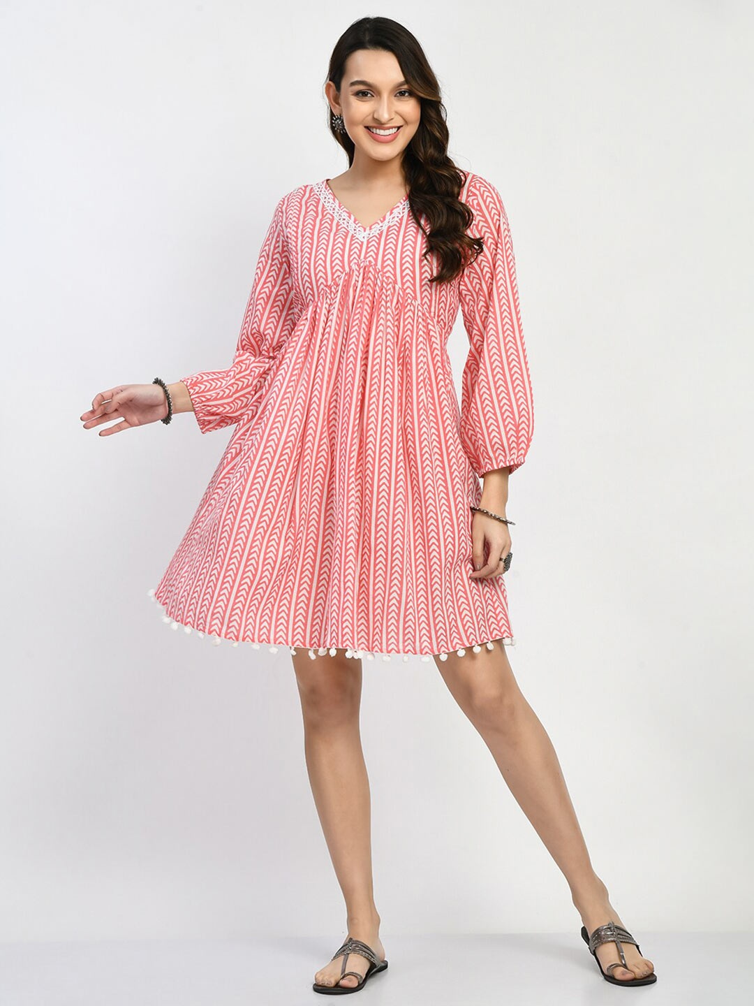 

KALINI Striped Puff Sleeves Maternity Cotton Fit & Flare Ethnic Dress, Peach