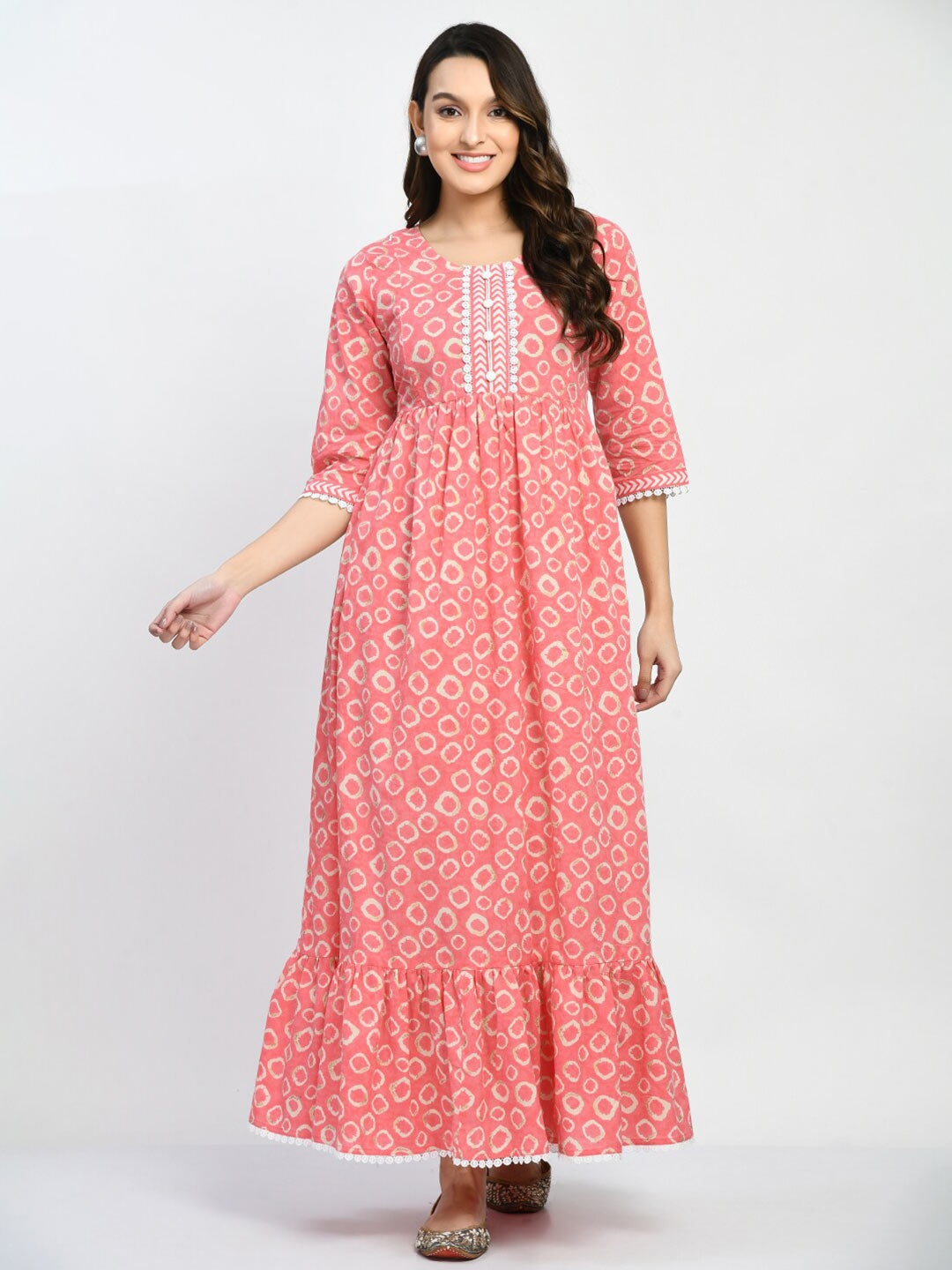 

KALINI Geometric Printed Maternity Cotton Fit & Flare Maxi Ethnic Dress, Peach