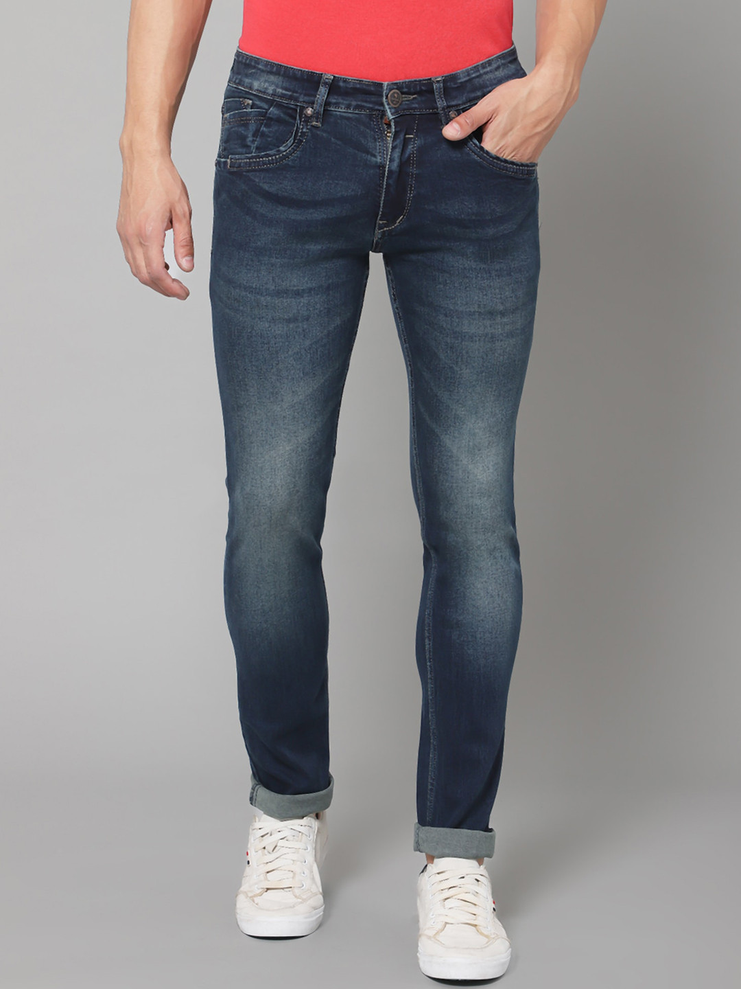 

Cantabil Men Light Fade Mid-Rise Stretchable Clean Look Jeans, Blue