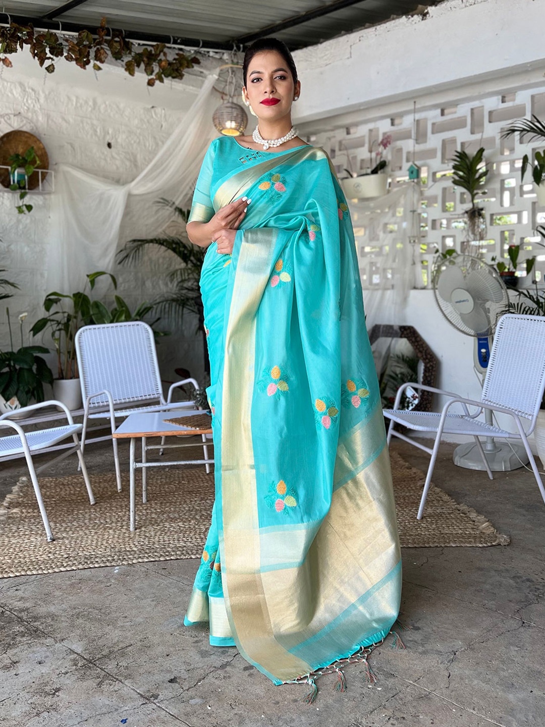 

SERONA FABRICS Floral Embroidered Zari Organza Banarasi Saree, Turquoise blue
