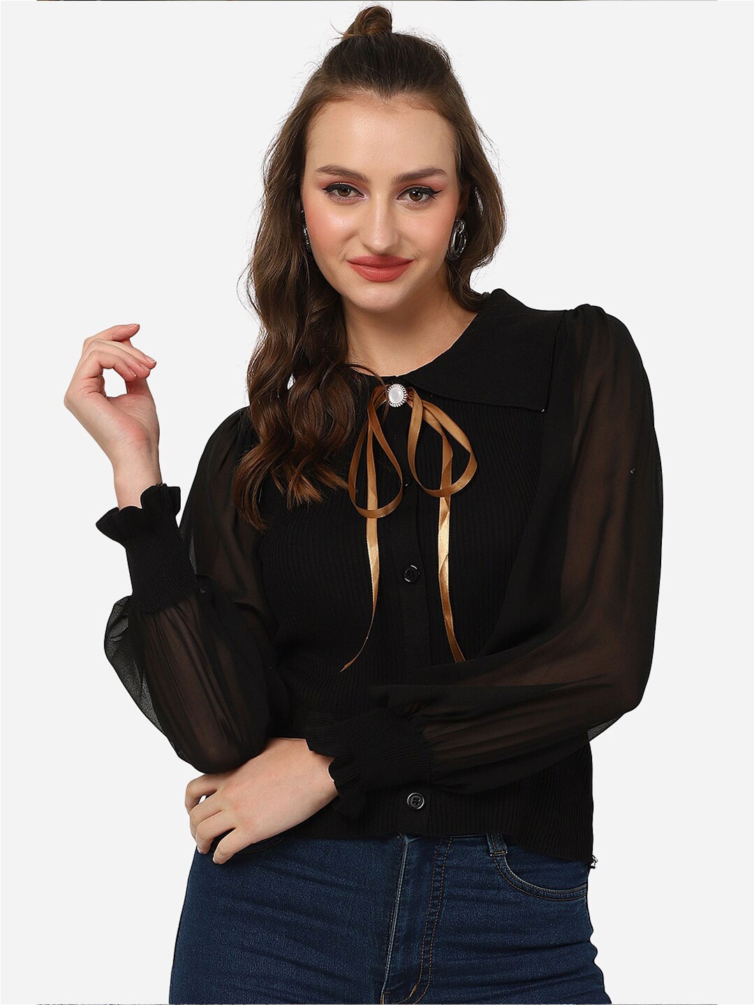 

HSR Peter Pan Collar Cuffed Sleeves Shirt Style Top, Black