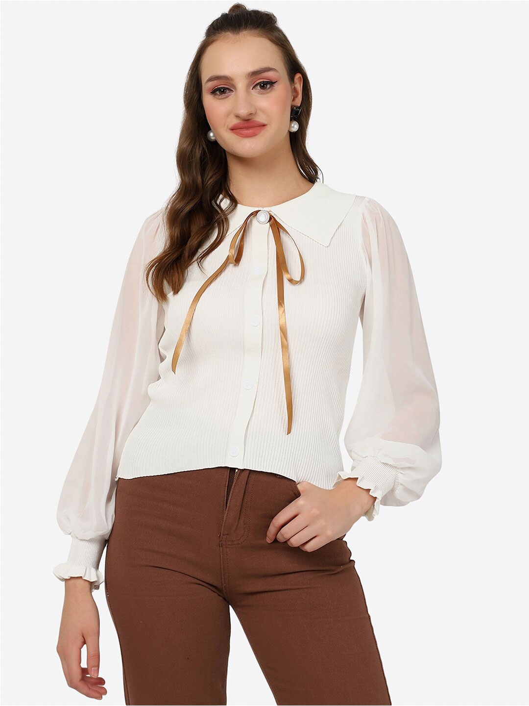 

HSR Peter Pan Collar Cuffed Sleeves Shirt Style Top, White
