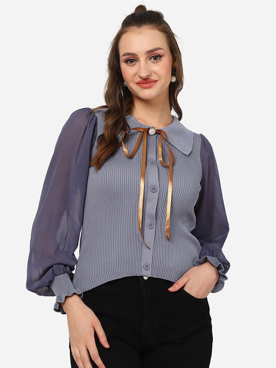 

HSR Peter Pan Collar Cuffed Sleeves Shirt Style Top, Grey