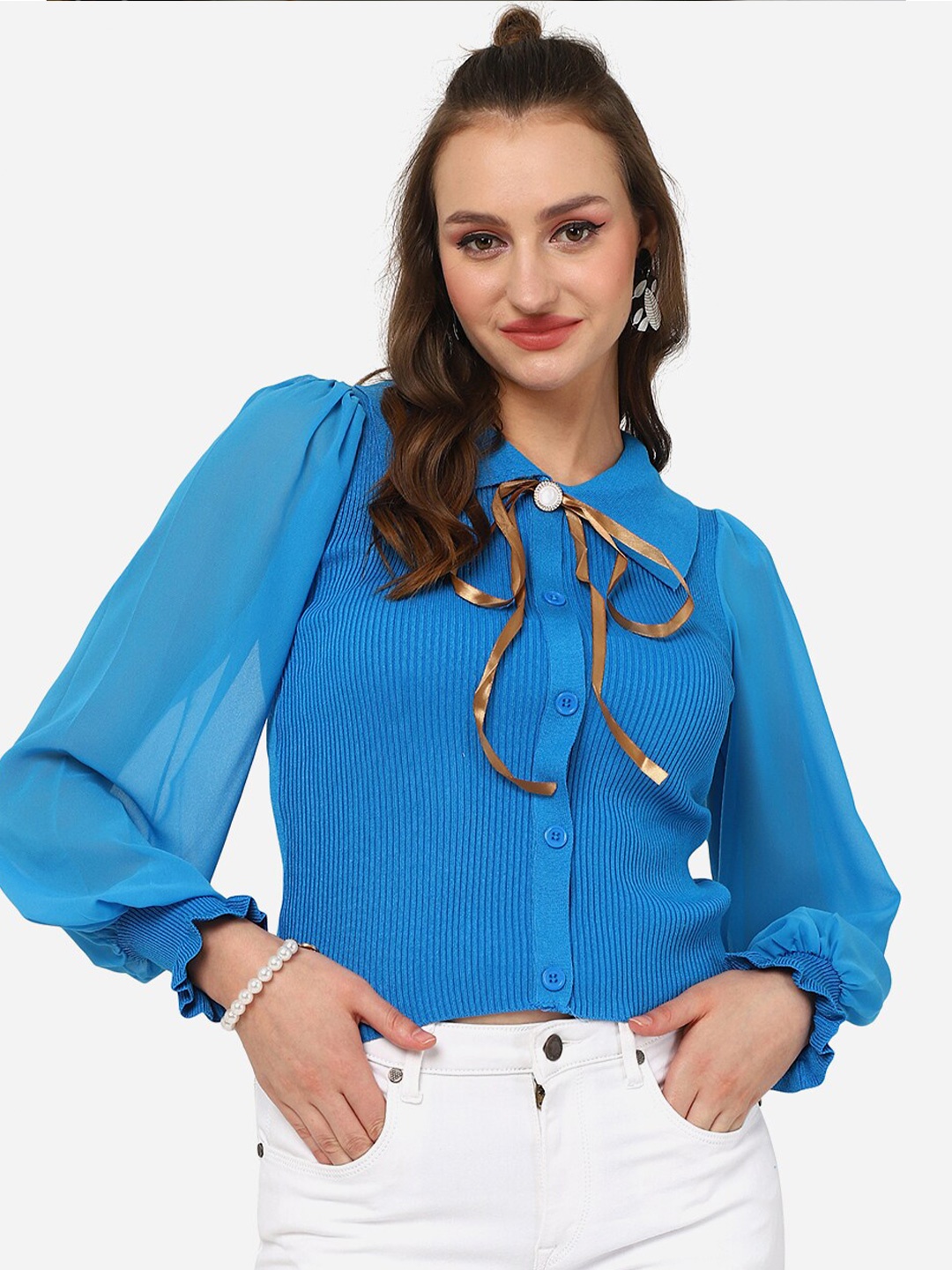 

HSR Peter Pan Collar Cuffed Sleeves Shirt Style Top, Blue