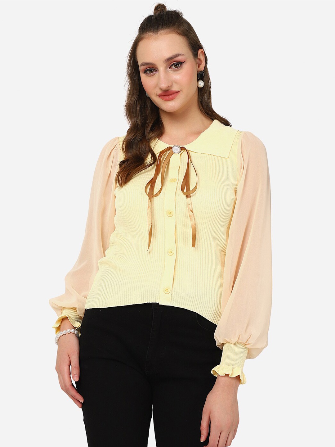 

HSR Peter Pan Collar Cuffed Sleeves Shirt Style Top, Cream