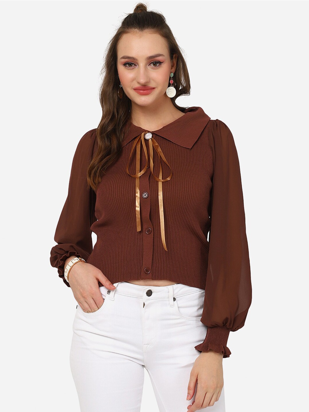 

HSR Peter Pan Collar Cuffed Sleeves Shirt Style Top, Brown