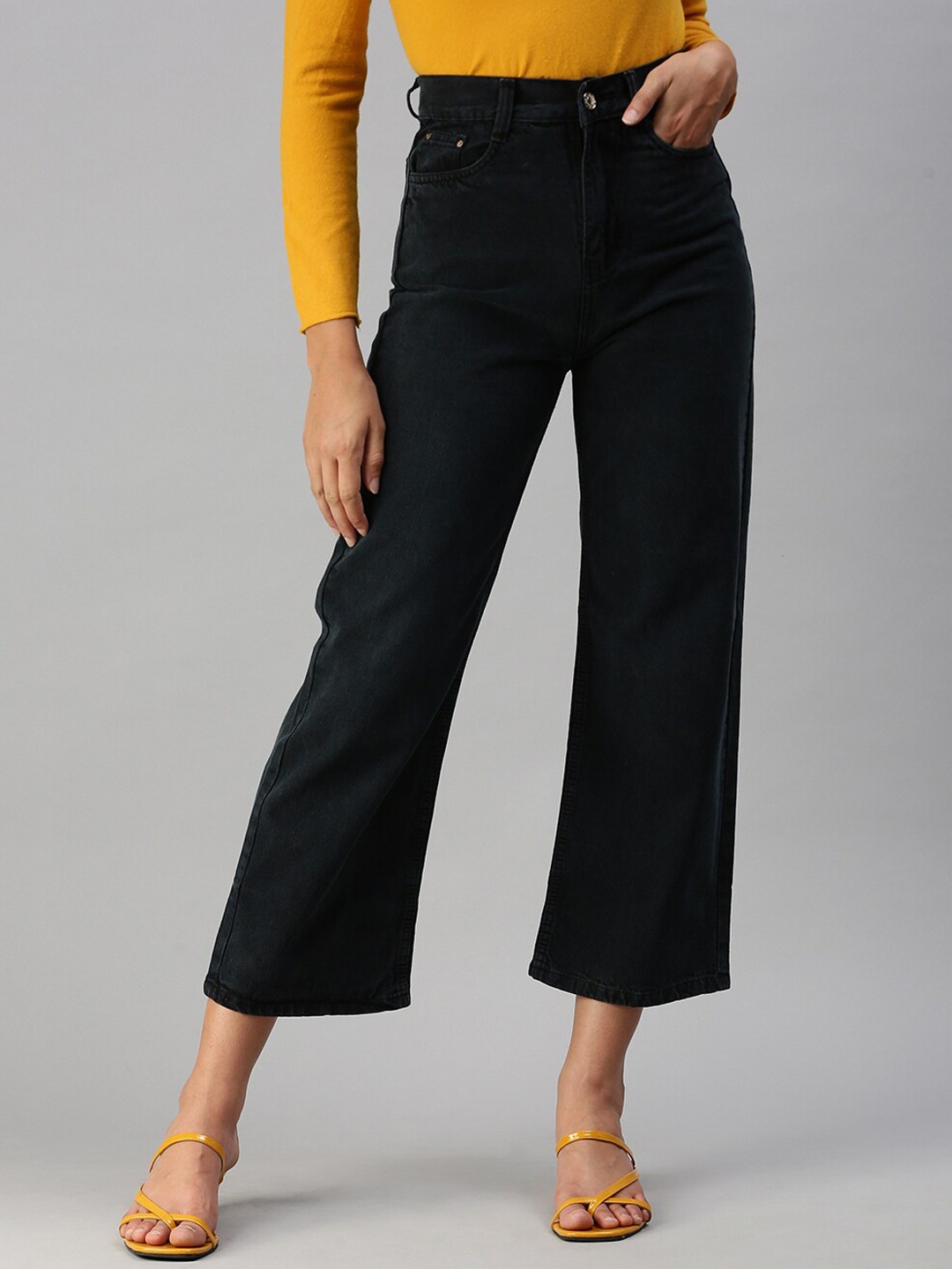 

SHOWOFF Women High-Rise Cotton Straight Fit Stretchable Cropped Jeans, Charcoal