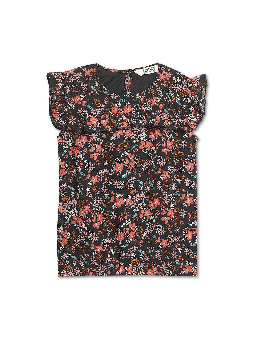 

Cantabil Girls Floral Printed Round Neck Flutter Sleeve Top, Black