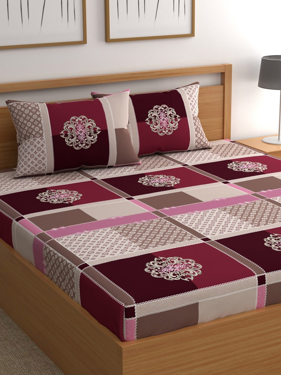 

CG HOMES Pink & Brown Ethnic Motifs 180 TC Fitted Queen Bedsheet & 2 Pillow Covers