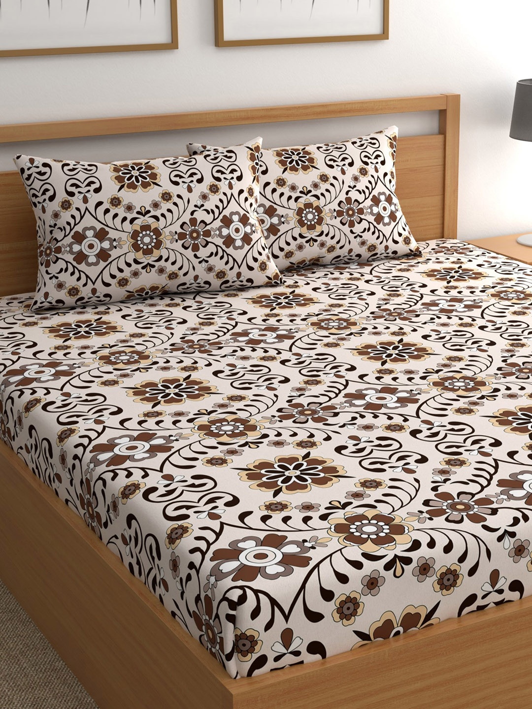 

CG HOMES Brown & White Ethnic Motifs 180 TC Fitted Queen Bedsheet & 2 Pillow Covers