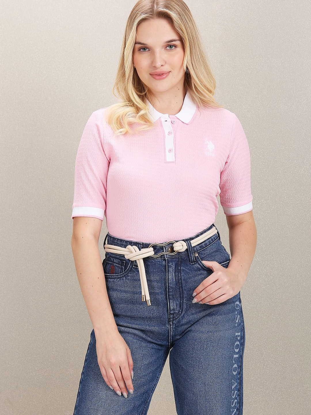

U.S. Polo Assn. Women Self Designed Polo Collar Slim Fit T-shirt, Pink
