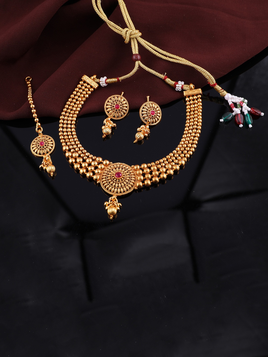 

ROFARWORD Gold-Plated Stone Studded & Beaded Jewellery Set