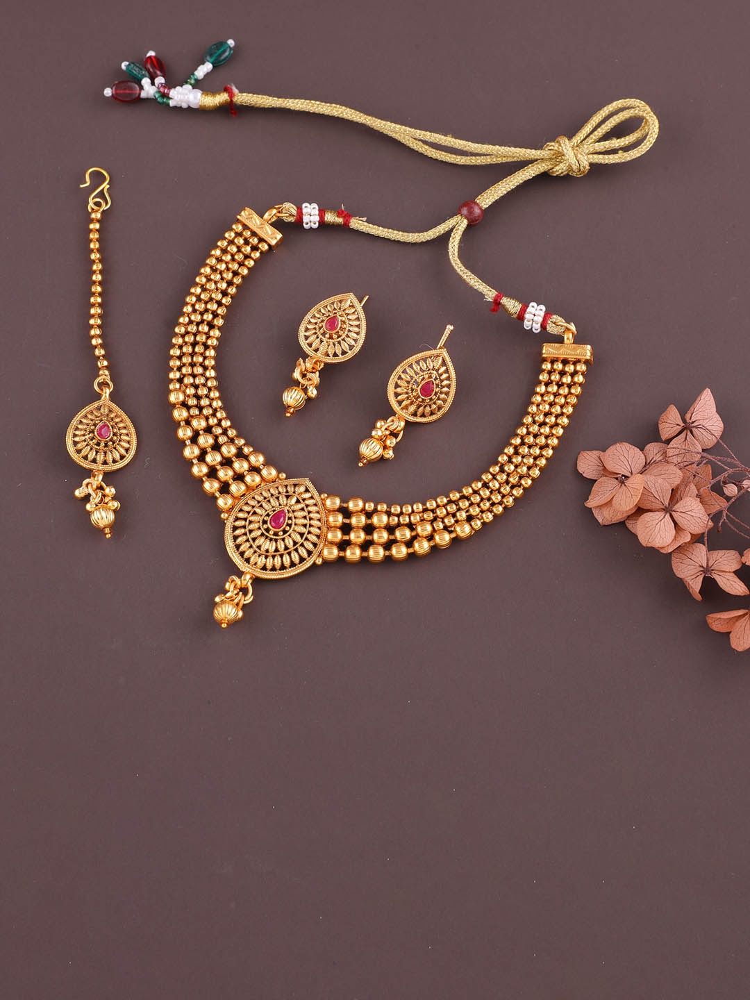 

ROFARWORD Gold-Plated Stone-Studded & Beaded Jewellery Set