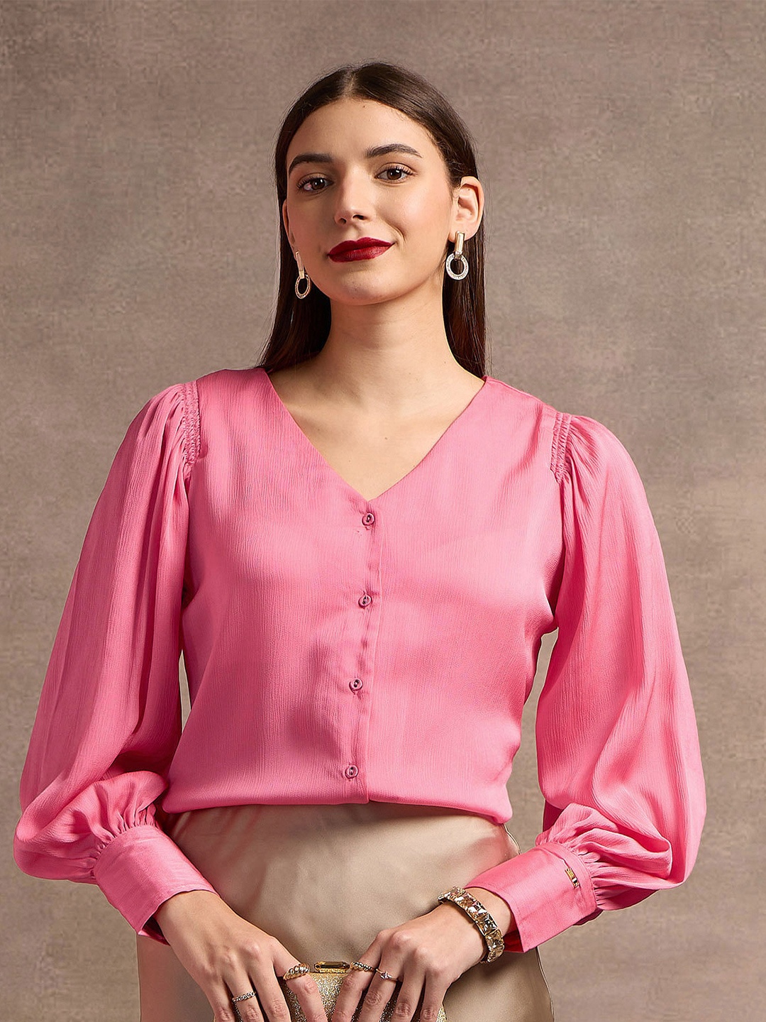 

U.S. Polo Assn. Women Textured V-Neck Bishop Sleeve Top, Pink