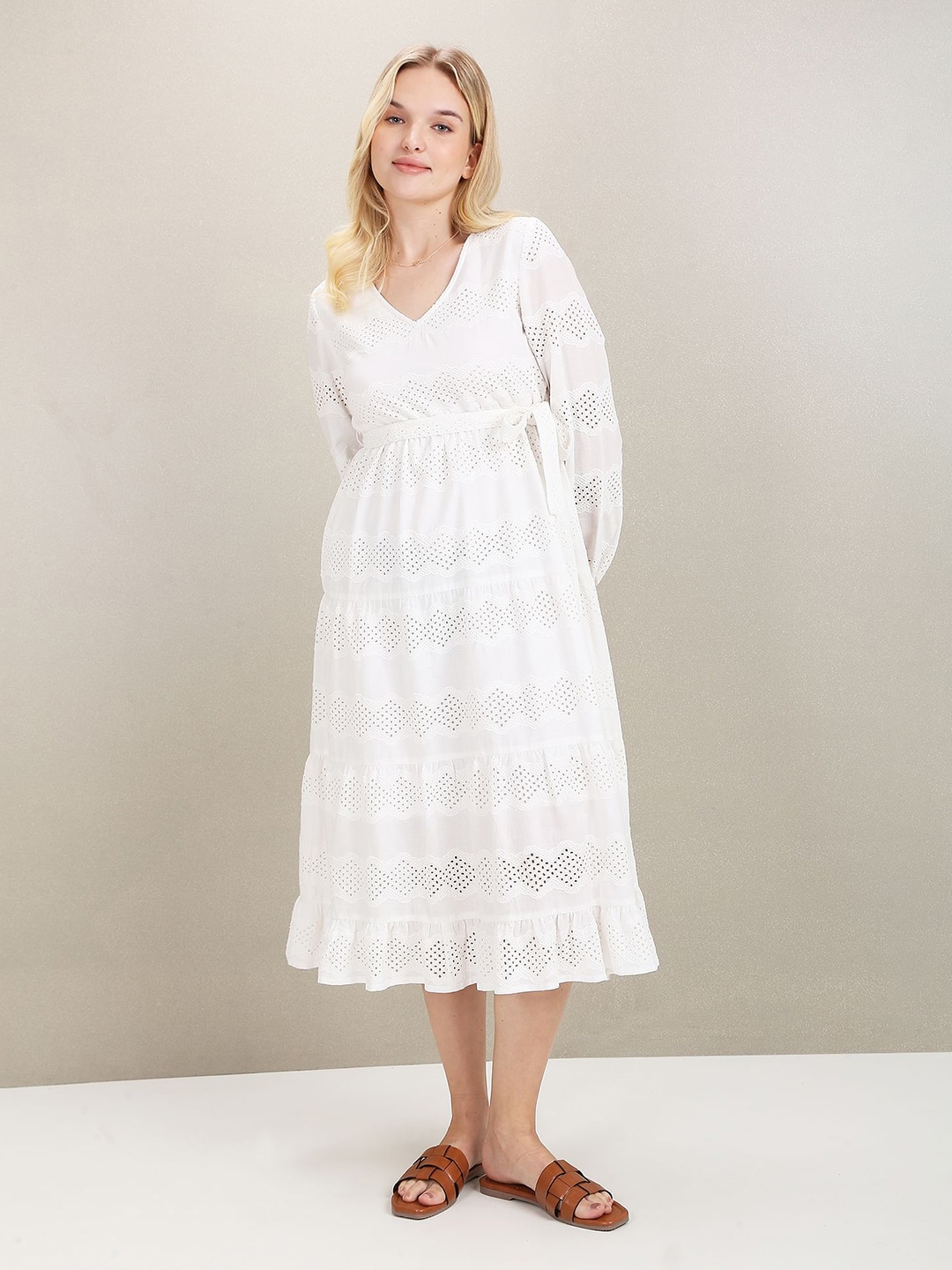 

U.S. Polo Assn. Women V-Neck Schiffli Cotton Midi Dress, White