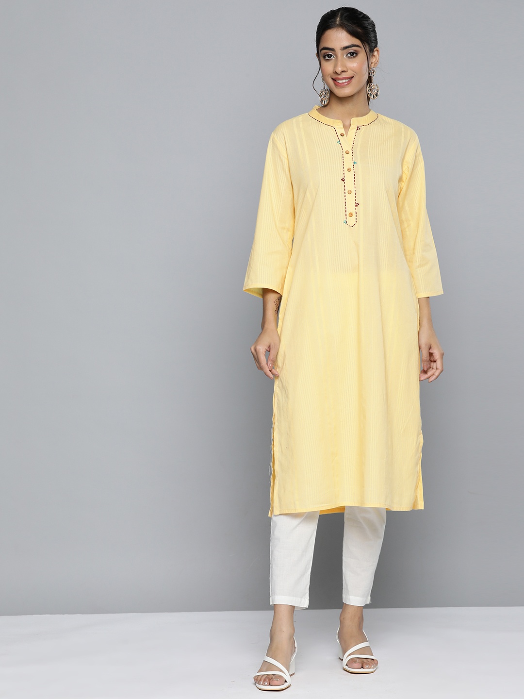 

HERE&NOW Women Striped Thread Work Kurta, Yellow