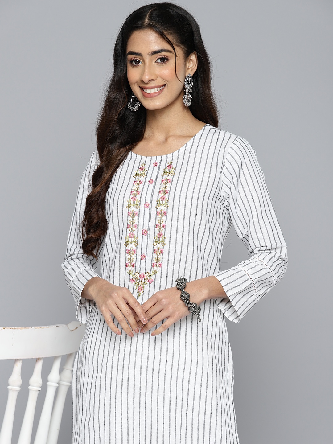 

HERE&NOW Women White Striped Kurta