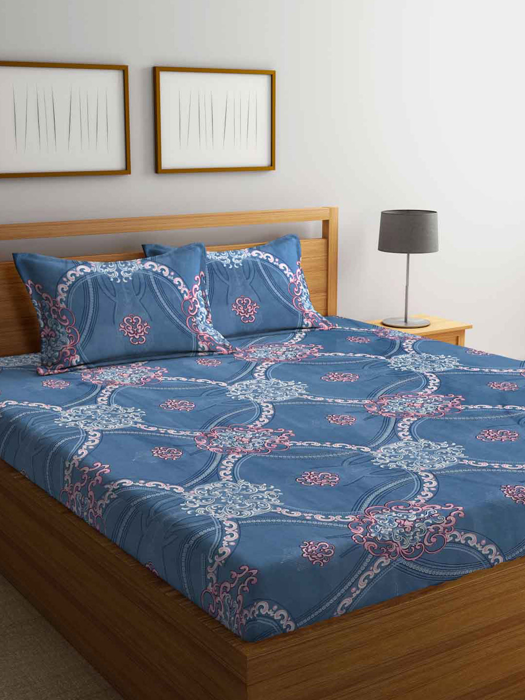 

FABINALIV Blue & Pink Ethnic Motifs Printed 300 TC King Bedsheet & 2 Pillow Covers