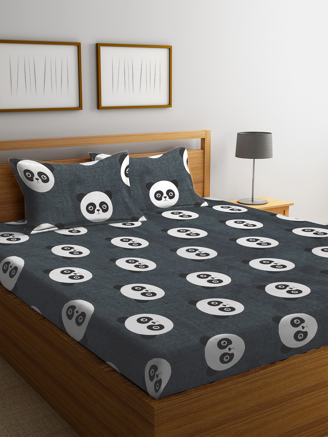 

FABINALIV Grey & White Cartoon Print 300 TC King Size Bedsheet & 2 Pillow Covers