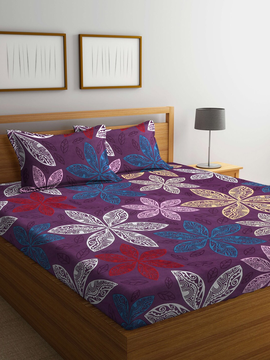 

FABINALIV Purple & Red Floral Print 300 TC King Size Bedsheet & 2 Pillow Covers