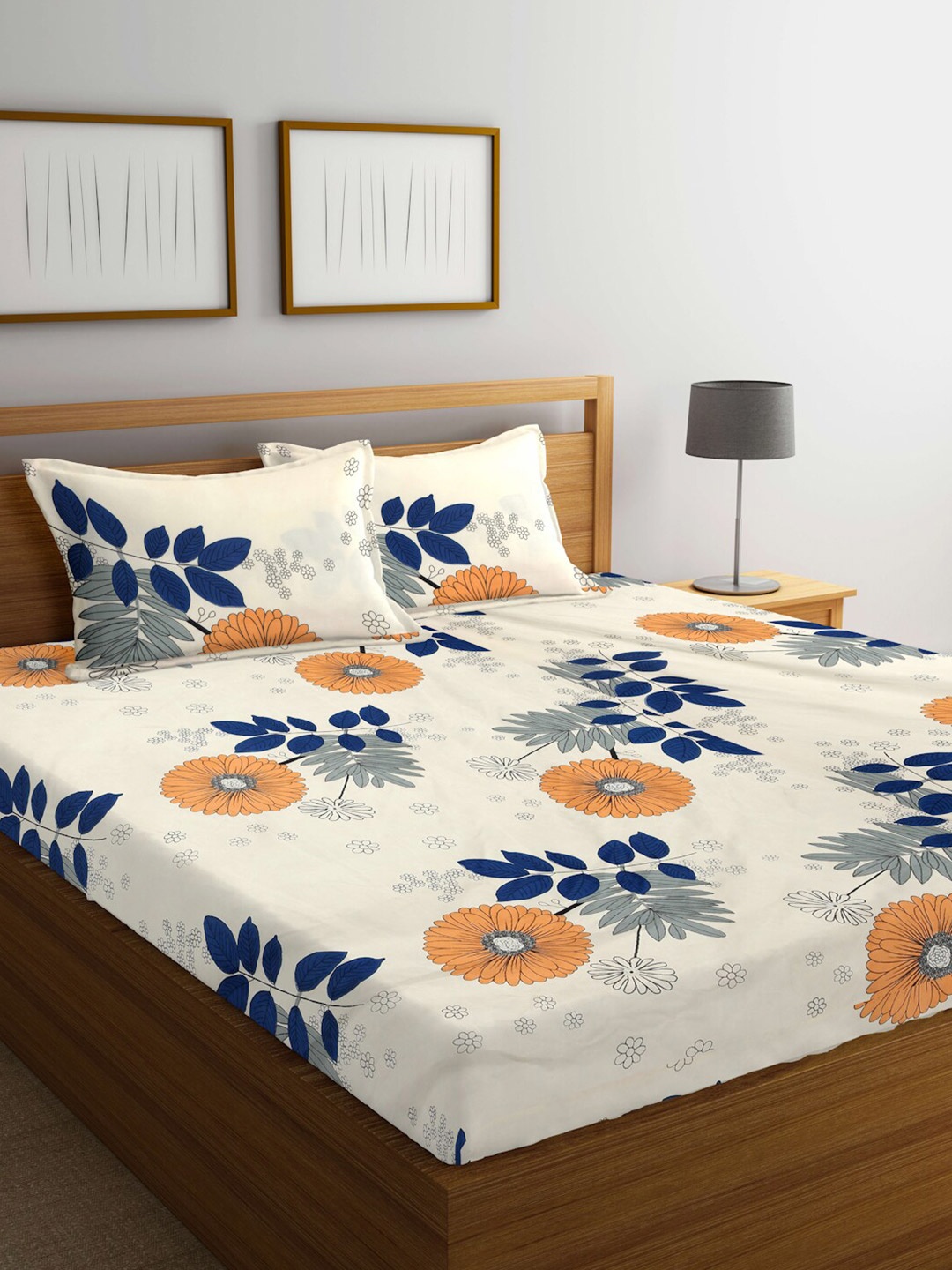 

FABINALIV Yellow & Blue Floral Printed 300 TC King Bedsheet & 2 Pillow Covers
