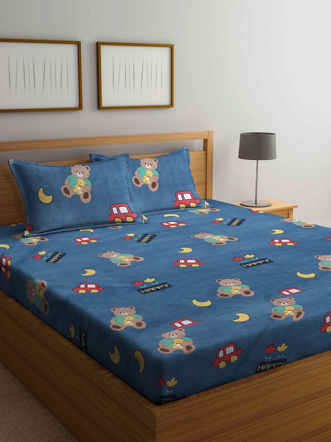 

FABINALIV Blue & Brown Cartoon Print 300 TC King Size Bedsheet & 2 Pillow Covers